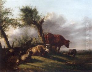 Cattle And Sheep By The Edge Of A Meadow by Jan Kobell III