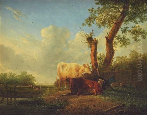 Schlafender Viehhirte Mit Seinen Kuhen In Sommerlicher Landschaft - view 1