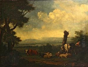 A Landscape With A Shepherdess And Animals By A Stream by Jan Kobell the Younger