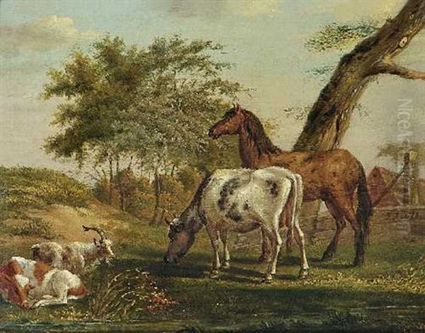 Pferd, Kuhe Und Ziege Am Wasser - view 1