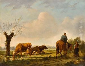 Kuhe Mit Einem Hirten Zu Pferd Auf Der Weide Kuhe Mit Einem Hirten Zu Pferd Auf Der Weide
