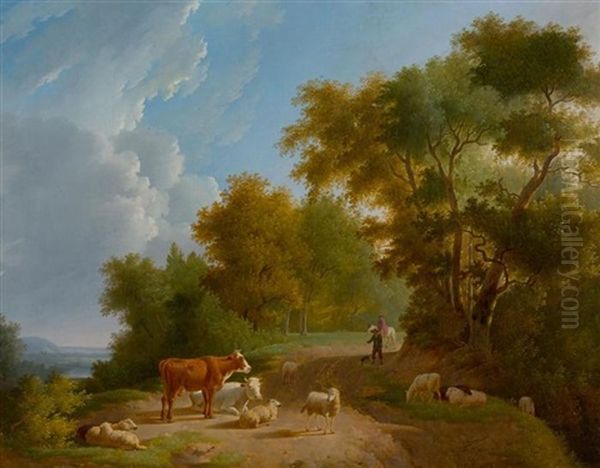 Sommerliche Landschaft Mit Hirten Und Herde - view 1