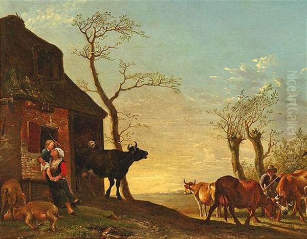 Bauernfamilie Mit Kuhen Vor Ihrer Kate In Weiter Landschaft - view 1