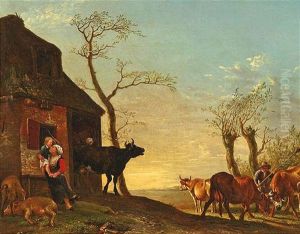 Bauernfamilie Mit Kuhen Vor Ihrer Kate In Weiter Landschaft Bauernfamilie Mit Kuhen Vor Ihrer Kate In Weiter Landschaft