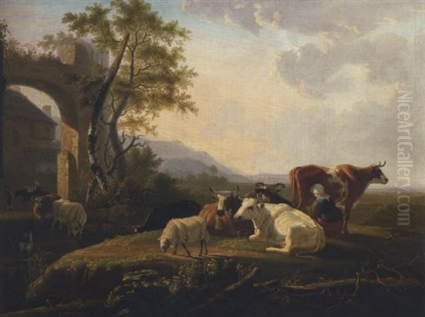 A River Landscape With Cattle And A Milkmaid Near A Farm - view 1