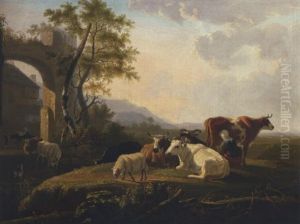 A River Landscape With Cattle And A Milkmaid Near A Farm by Jan Kobell the Younger
