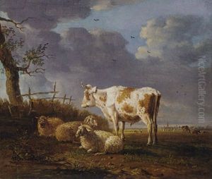 A Pastoral Landscape With A Cow And Sheep By A Tree by Jan Kobell the Younger