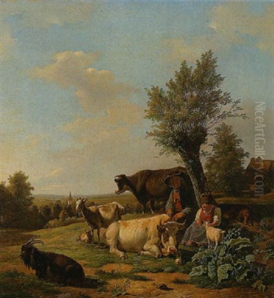 Bauernpaar Mit Kuhen Und Ziegen - view 1