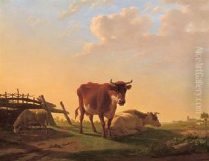 Cows And A Sheep By A Fence, Dordrecht Beyond, At Sunset