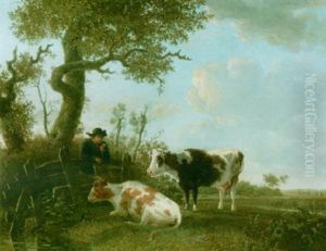 Cows In A Meadow With A Shepherd Leaning Over The Hek by Jan Kobell the Younger