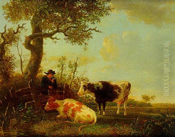 A Farmer And Cattle In A Summer Landscape - view 1