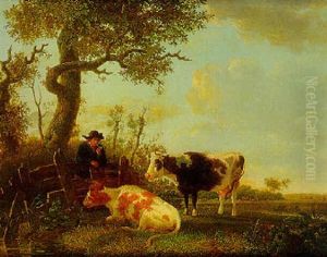 A Farmer And Cattle In A Summer Landscape by Jan Kobell the Younger