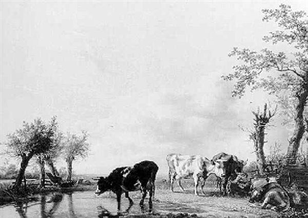 Melkende Bauerin Mit Kuhen An Der Tranke In Weiter Hollandischer Landschaft - view 1