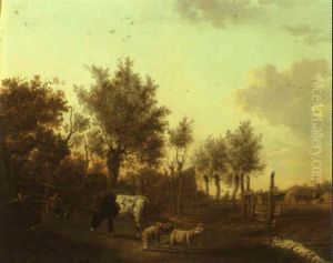 Farmyard Scene With Cows And Sheep And A Farmer Seated By A Fence by Jan Kobell the Younger