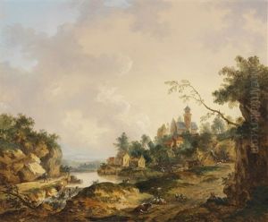 Ideale Fluslandschaft Mit Schlos, Wasserfall Und Personenstaffage