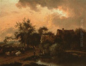 Dorflandschaft Mit Weiher Und Vieherde