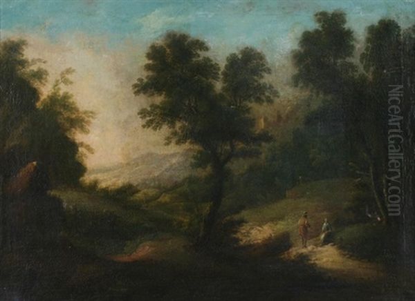 Berglandschaft Mit Schlosruine Mit Personenstaffage Aus Einer Waldlichtung Gesehen - view 1