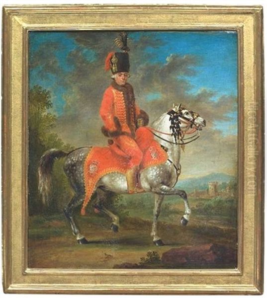 Alexander Freiherr Von Bowinghausen-wallmerode Als Generalfeldmarschall-leutnant Des Roten Husaren-regiments Zu Pferd Vor Landschaftshintergrund. Im Hintergrund Rechts Eine Burg - view 1