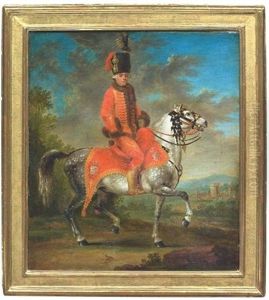 Alexander Freiherr Von Bowinghausen-wallmerode Als Generalfeldmarschall-leutnant Des Roten Husaren-regiments Zu Pferd Vor Landschaftshintergrund. Im Hintergrund Rechts Eine Burg