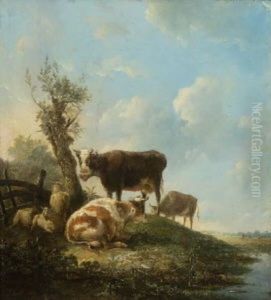 Kuhe Und Schafe Am Wasser by Ferdinand Kobell