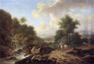 Felsige Landschaft Mit Wasserfall Und Reiter Felsige Landschaft Mit Wasserfall Und Reiter