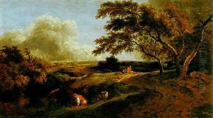 Baumlandschaft Mit Bachlauf, Angler Und Zwei Rastenden Wanderern by Ferdinand Kobell
