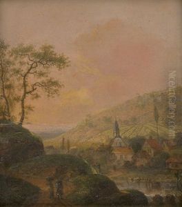Dorf Zwischen Hugeln Bei Aufziehendem Gewitter; Dorf Zwischen Weinbergen Bei Abendlicht (2 Works) by Franz Innocenz Kobell