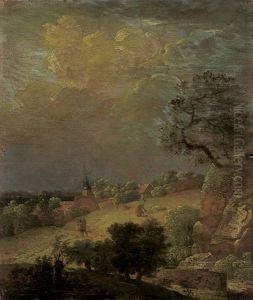 Dorf Zwischen Hugeln Bei Aufziehendem Gewitter (+ Dorf Zwischen Weinbergen Bei Abendlicht; 2 Works) by Franz Innocenz Kobell