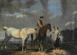 Ein Reiter Mit Einem Handpferd In Oberbayrischer Landschaft Im Gesprach Mit Zwei Jungen Wascherinnen by Franz Innocenz Kobell
