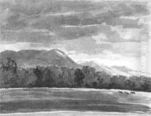 Voralpenlandschaft Mit Drei Weidenden Kuhen Vor Einem Waldstreifen Voralpenlandschaft Mit Drei Weidenden Kuhen Vor Einem Waldstreifen