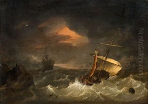 Ships In Stormy Seas by Hendrik Ii Kobell
