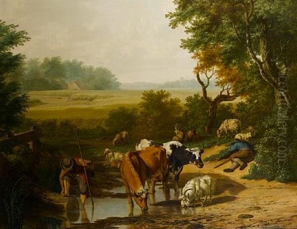 A Drover Watering His Cattle At A Stream - view 1