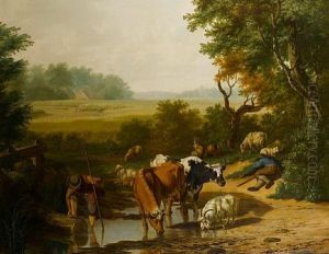 A Drover Watering His Cattle At A Stream