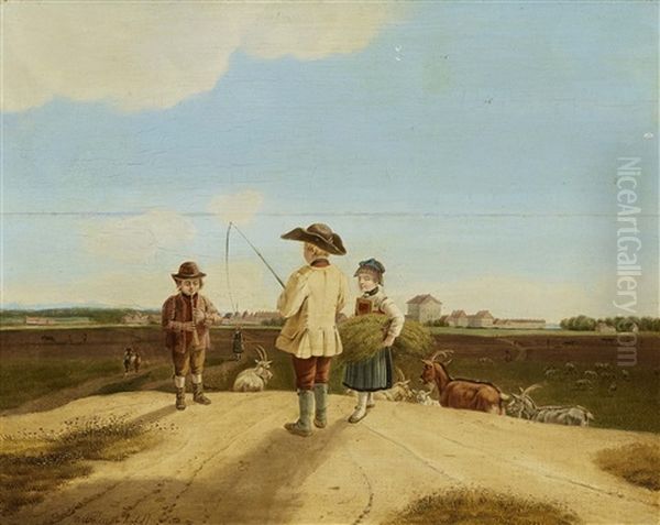 Shepherd Children And Herd Of Goats In Front Of The Nymphenburg Palace - view 1