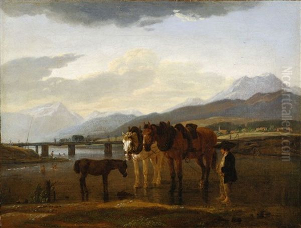 Bauerin Und Bub Mit Zwei Pferden (+ Pferdegespann Vor Rottlach-egern; Pair) - view 1