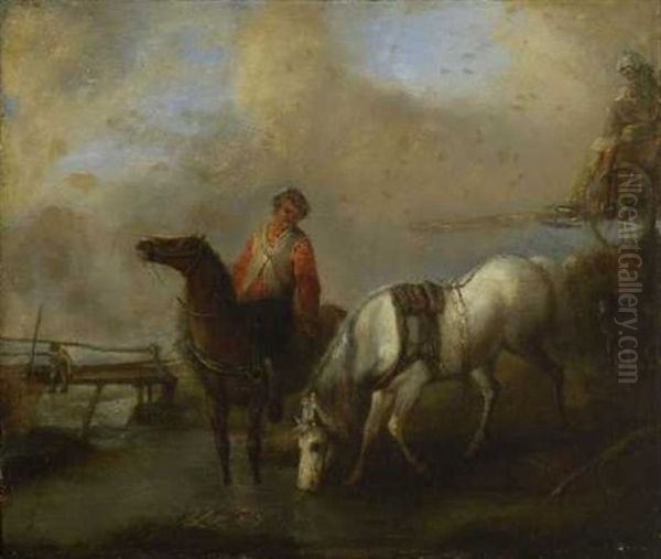Berittener Bauer Mit Schimmel An Der Tranke - view 1