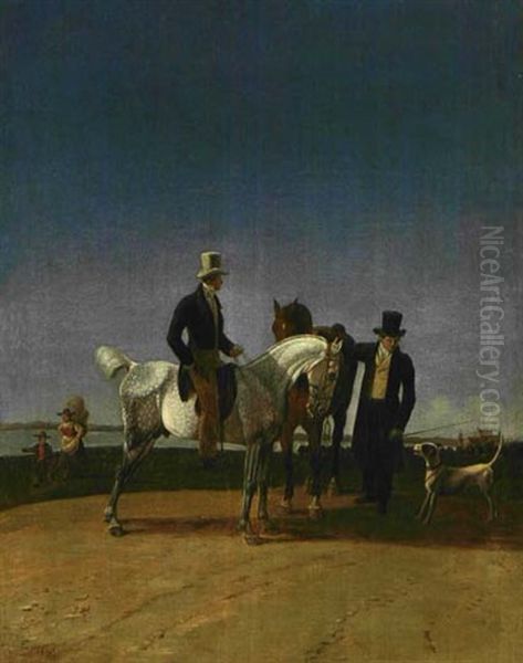 Begegnung Zweier Reiter Auf Der Landstrase Vor Weiter Landschaft - view 1