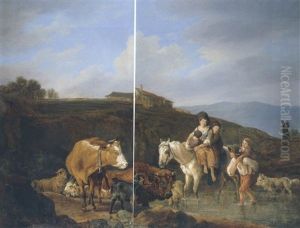 Vieh Und Reiter In Italienischer Landschaft by Wilhelm Alexander Wolfgang von Kobell