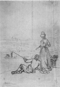 Herr Und Dame Am Ufer Eines Flusses by Wilhelm Alexander Wolfgang von Kobell