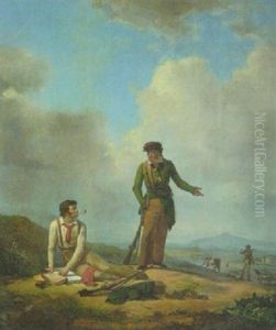Zwei Jager Auf Einer Anhohe Bei Der Rast, Im Hintergrund Ein Dritter Kamerad Mit Den Jagdhunden by Wilhelm Alexander Wolfgang von Kobell