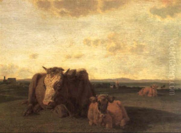 Voralpenlandschaft Mit Weidevieh Vorn Und Einer Hirtin Mit Hund Im Mittelgrund Rechts - view 1