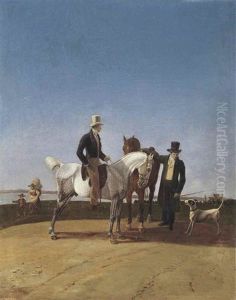 Two Riders Conversing On A Path, A Lake Beyond by Wilhelm Von Kobell