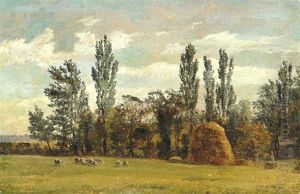 Landscape With Haystack, Tall Trees, Grazing Sheep by Christen Kobke