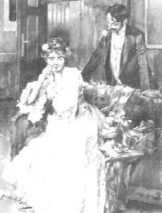 Junge Frau In Einer Sofaecke Sitzend, Hinter Ihr Stehend Ein Mann Im Frack by Friedrich Koch