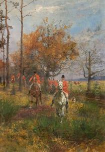 Parforce Hunting Scene In An Autumn Forest by Georg Koch