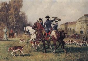 Hofische Reiter Mit Groser Hundemeute Versammeln Sich Vor Sanssouci Zur Fuchsjagd by Georg Koch
