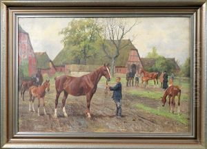 Pferdemarkt Auf Einem Gestut Mit Fachwerkhausern by Georg Karl Koch