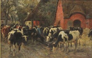 Hirte Mit Seiner Kuhherde Auf Dorfstrase by Georg Karl Koch