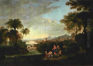 Die Auffindung Des Mosesknaben Vor Landschaft Mit Pyramiden Und Palmen
