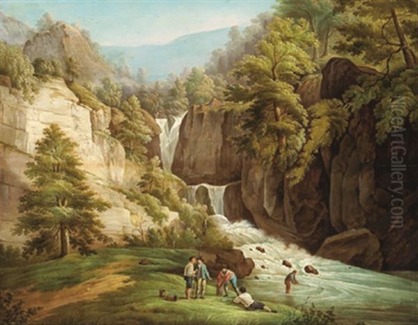 Gebirgsschlucht Mit Einem Wasserfall Und Figuren - view 1